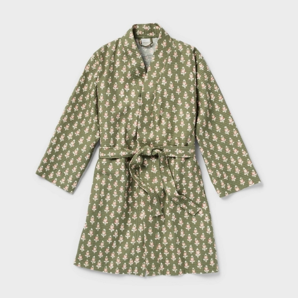 Floral Waffle Bath Robe Green/Pink Threshold NWT Sizes S M L XL - Picture 4 of 5
